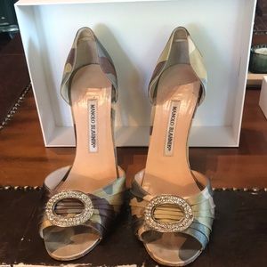 Unique camouflage print Manolo Blahnik heels with rhinestone accent